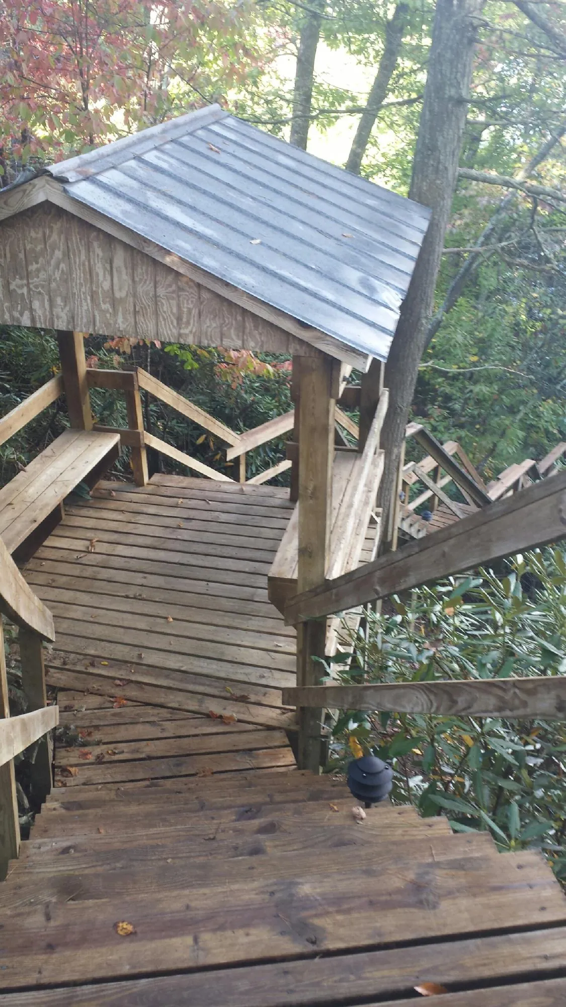 Metal roofed shelter over wooden steps on a wooded walkway — Skylight Repair & Installation work by our crew in Gastonia
